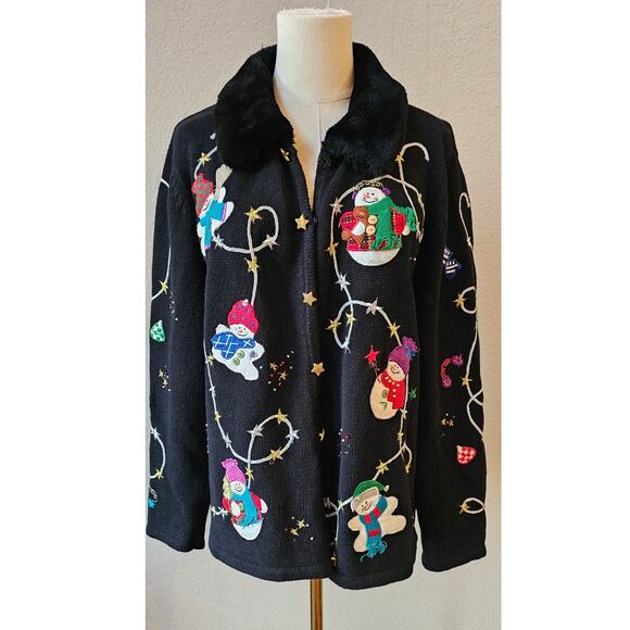 Vintage Designer Originals Fur Collar Christmas Snowman Cardigan Sweater Size L - Picture 1 of 8